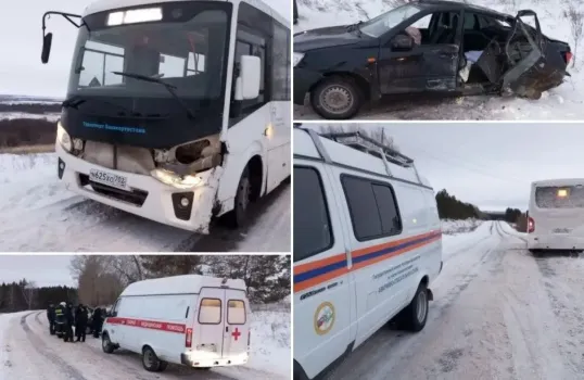 В салоне находились 17 взрослых и ребенок: на дороге в Башкирии столкнулись Granta и пассажирский автобус